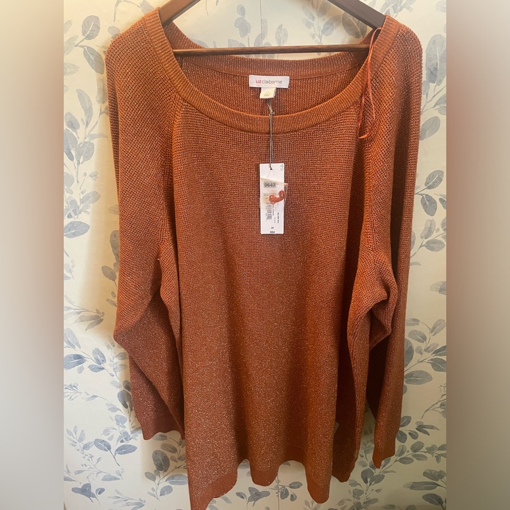 Liz Claiborne Women’s Metallic Crew Neck Sweater 2X Color Autumnal Auburn. New